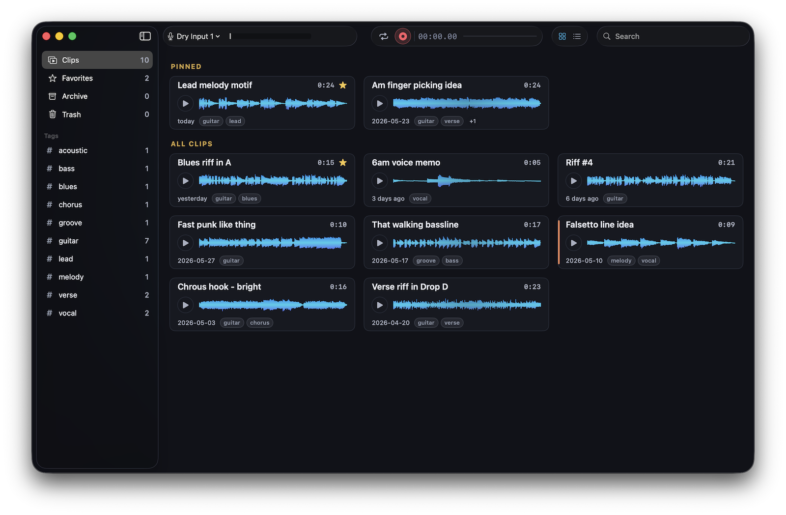 The Otone clip library on Mac — clips with waveforms, tags, pins, and favorites